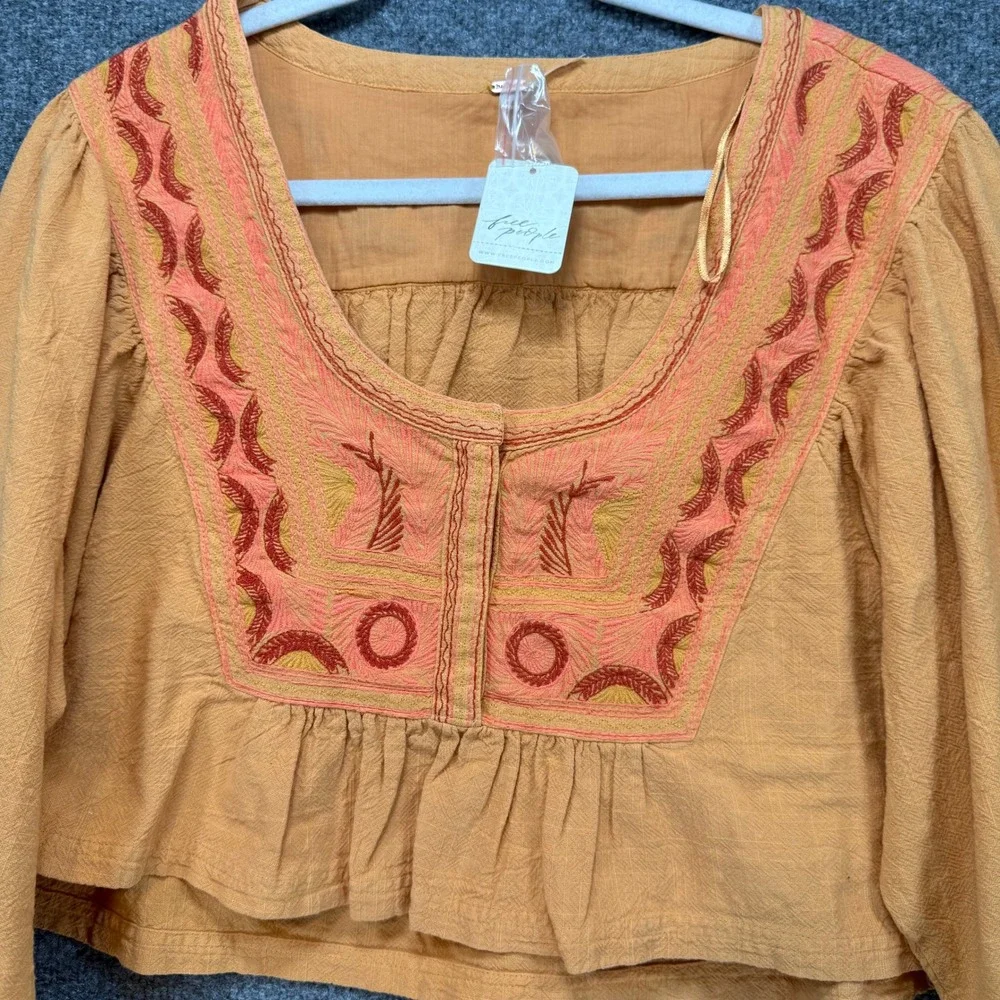 Free People Crop Top Women Small Orange Embroidered Boho‎ Ren Faire Fairy NEW